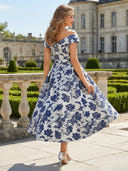 Satin Floral Off the Shoulder A Line Tea Length Cocktail Dresses