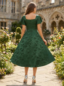 Satin Floral Square Neck Short Sleeves A Line Tea Length Cocktail Dresses