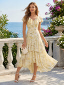 Chiffon Floral A Line Short Sleeves V Neck Tea Length Cocktail Dresses