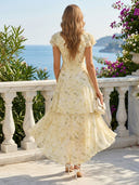 Chiffon Floral A Line Short Sleeves V Neck Tea Length Cocktail Dresses
