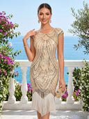 Sequin Jewel Neck Cap Sleeves Mermaid Tea Length Cocktail Dresses
