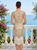 Sequin Jewel Neck Cap Sleeves Mermaid Tea Length Cocktail Dresses