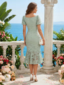 Tulle Floral Short Sleeves Mermaid Tea Length Cocktail Dresses