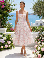 Chiffon Floral Sweetheart Spaghetti Straps A Line Tea Length Cocktail Dresses