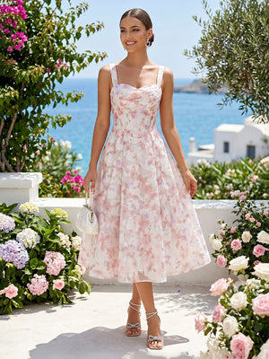 Chiffon Floral Sweetheart Spaghetti Straps A Line Tea Length Cocktail Dresses