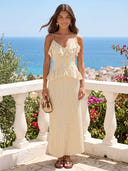 Dot Pattern Mermaid V Neck Spaghetti Straps Long Cocktail Dresses with Ruffles
