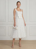 Tulle A Line Square Neck Spaghetti Straps Midi Cocktail Dresses with Bow
