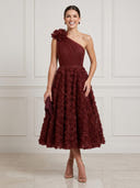 Tulle A Line One Shoulder Sleeveless Midi Cocktail Dresses with 3D Flower