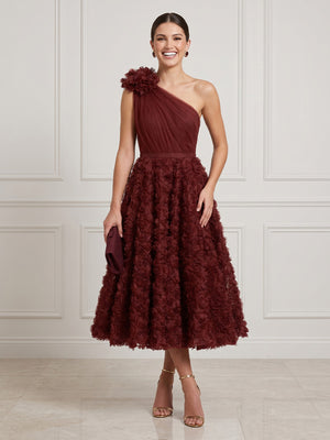 Tulle A Line One Shoulder Sleeveless Midi Cocktail Dresses with 3D Flower