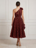 Tulle A Line One Shoulder Sleeveless Midi Cocktail Dresses with 3D Flower