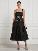 Tulle A Line Square Neck Spaghetti Straps Midi Cocktail Dresses with Beadings