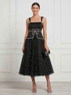 Tulle A Line Square Neck Spaghetti Straps Midi Cocktail Dresses with Beadings