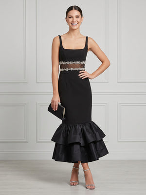 Satin Mermaid Square Neck Spaghetti Straps Midi Cocktail Dresses with Beadings