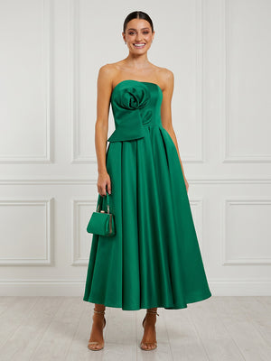 Satin A Line Strapless Sleeveless Midi Cocktail Dresses with 3D Flower