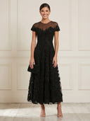 Tulle A Line Scoop Neck Short Sleeves Long Cocktail Dresses with Sequin