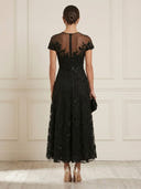Tulle A Line Scoop Neck Short Sleeves Long Cocktail Dresses with Sequin