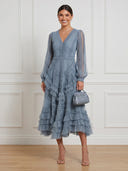 Tiered Tulle A Line V Neck Long Sleeves Long Cocktail Dresses