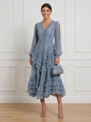 Tiered Tulle A Line V Neck Long Sleeves Long Cocktail Dresses