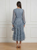 Tiered Tulle A Line V Neck Long Sleeves Long Cocktail Dresses