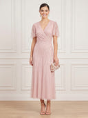 Tulle Sheath V Neck Short Sleeves Midi Cocktail Dresses with Sequin