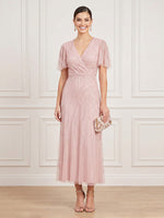 Tulle Sheath V Neck Short Sleeves Midi Cocktail Dresses with Sequin