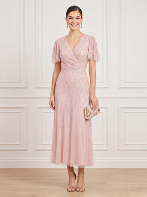 Tulle Sheath V Neck Short Sleeves Midi Cocktail Dresses with Sequin