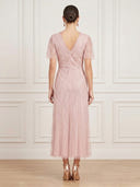 Tulle Sheath V Neck Short Sleeves Midi Cocktail Dresses with Sequin