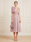 Chiffon A Line V Neck Sleeveless Midi Cocktail Dresses with Pleated