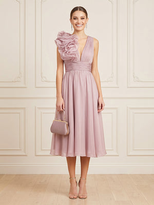 Chiffon A Line V Neck Sleeveless Midi Cocktail Dresses with Pleated