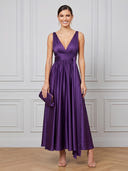 Satin A Line V Neck Sleeveless Midi Cocktail Dresses with Pleated