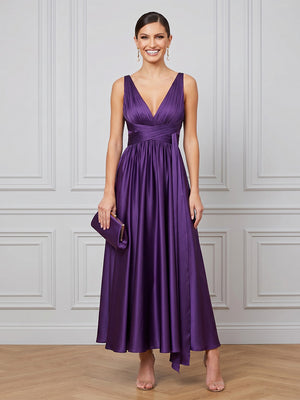Satin A Line V Neck Sleeveless Midi Cocktail Dresses with Pleated