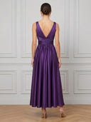 Satin A Line V Neck Sleeveless Midi Cocktail Dresses with Pleated
