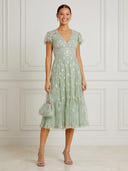 Tulle A Line V Neck Short Sleeves Midi Cocktail Dresses with Embroidery
