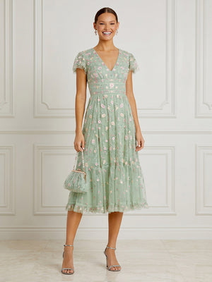 Tulle A Line V Neck Short Sleeves Midi Cocktail Dresses with Embroidery