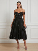 Tulle A Line V Neck Off Shoulder Midi Cocktail Dresses with Beads