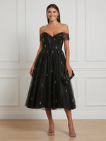 Tulle A Line V Neck Off Shoulder Midi Cocktail Dresses with Beads