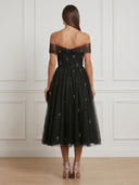 Tulle A Line V Neck Off Shoulder Midi Cocktail Dresses with Beads