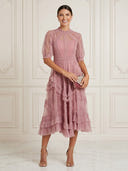 Tulle A Line Short Sleeves Midi Cocktail Dresses with Pleated