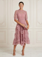 Tulle A Line Short Sleeves Midi Cocktail Dresses with Pleated