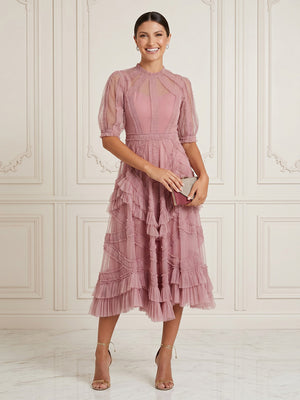 Tulle A Line Short Sleeves Midi Cocktail Dresses with Pleated