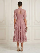 Tulle A Line Short Sleeves Midi Cocktail Dresses with Pleated