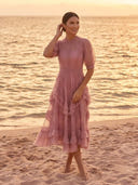 Tulle A Line Short Sleeves Midi Cocktail Dresses with Pleated