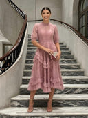 Tulle A Line Short Sleeves Midi Cocktail Dresses with Pleated
