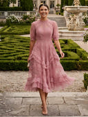 Tulle A Line Short Sleeves Midi Cocktail Dresses with Pleated
