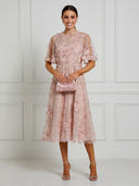 Tulle A Line Short Sleeves Midi Cocktail Dresses with Embroidery