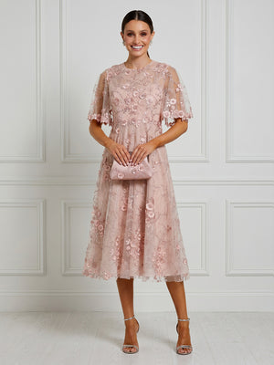 Tulle A Line Short Sleeves Midi Cocktail Dresses with Embroidery