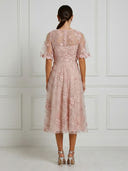 Tulle A Line Short Sleeves Midi Cocktail Dresses with Embroidery