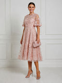 Tulle A Line Short Sleeves Midi Cocktail Dresses with Embroidery