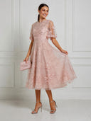Tulle A Line Short Sleeves Midi Cocktail Dresses with Embroidery