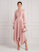 Satin A Line Long Sleeves Midi Cocktail Dresses with Pleats
